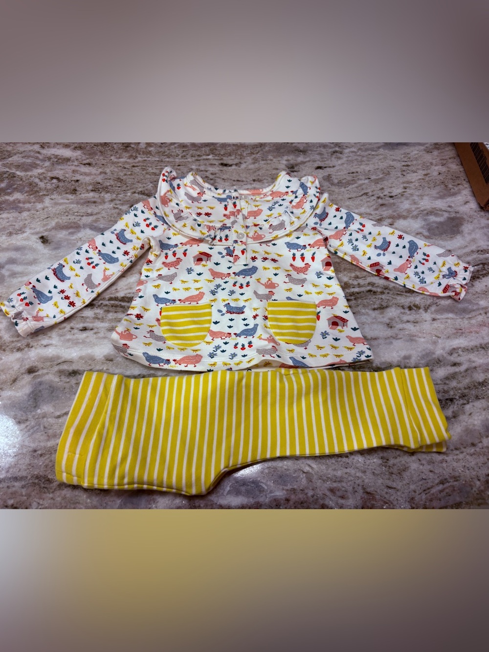 NWOT Baby Boden Cream Set with Yellow Stripe Pockets and Bird Print